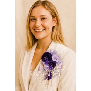 Floral Corsage Pin‎ Brooch Purple Velvet Flower Pearl Rhinestone Ribbon